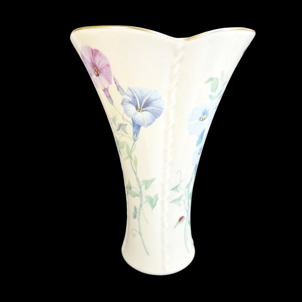 Lenox Morningside Cottage Vase Morning Glory Flowers Bees Ladybugs Gold Trim